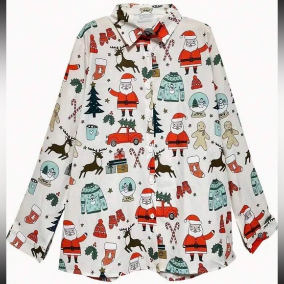 Luxe Holiday Christmas Gift Button Down Up Shirt Top Blouse - Picture 3 of 4